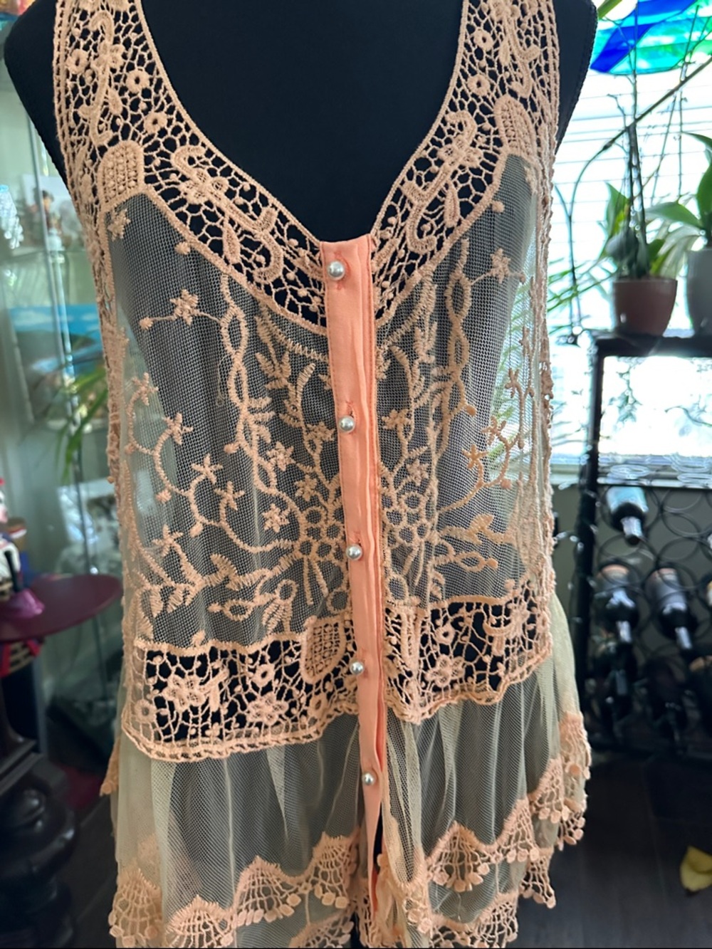 Double Zero Peach Crochet Lace Sheer Button Front Tank